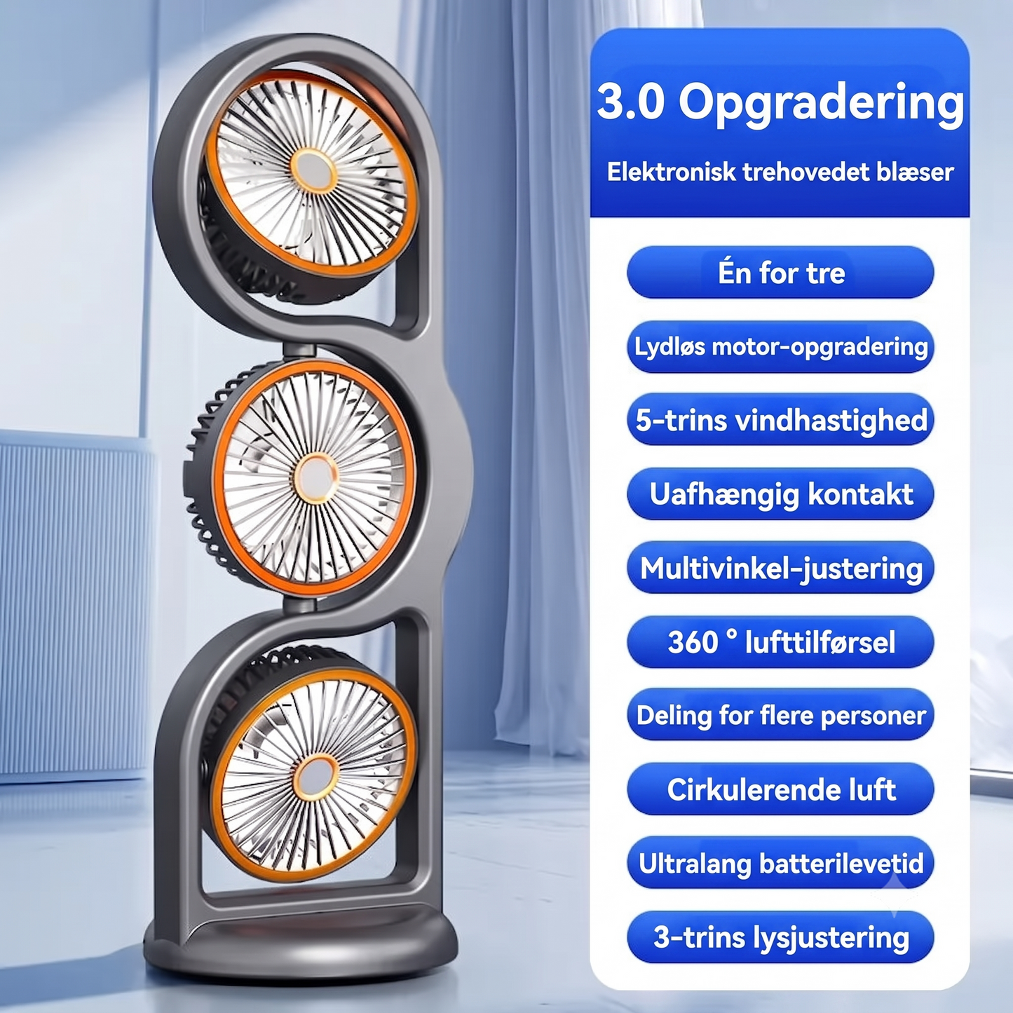 360-Graders Roterende 5-Trins USB-genopladelig Trehovedet Bordventilator