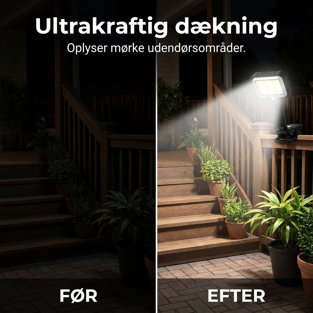 Smart Solcellelampe med Klemme & Sensor – Lys Hvor Som Helst Uden Værktøj