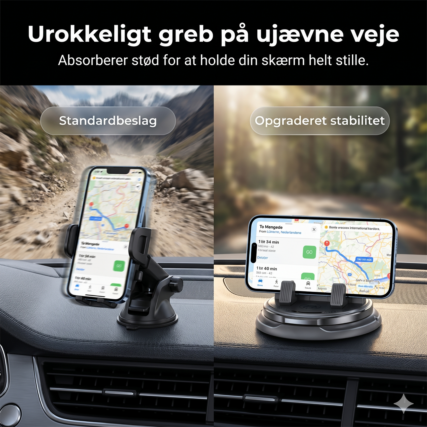 Stabil 360° Mobilholder til Bilen (Uden at Blokere Udsynet)