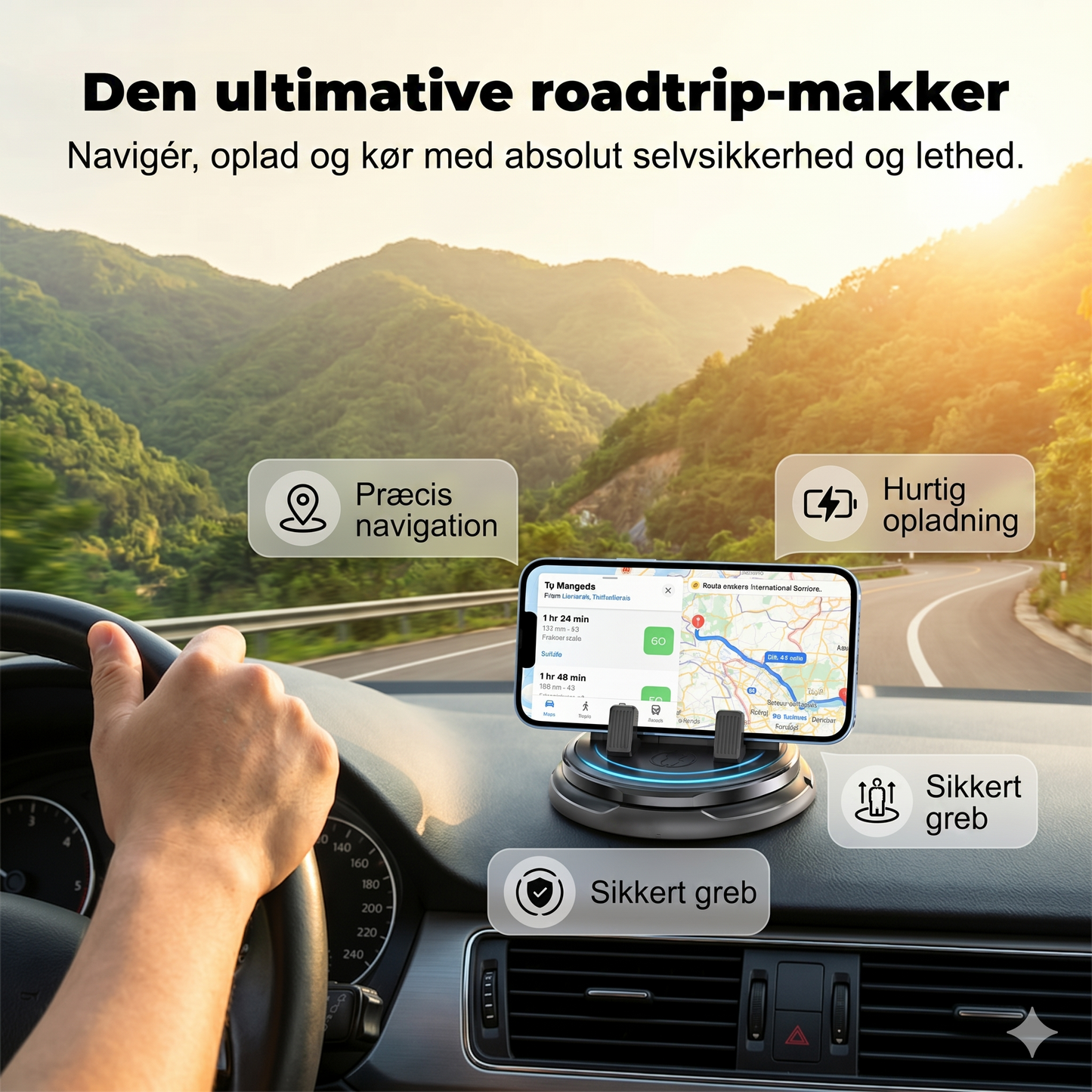Stabil 360° Mobilholder til Bilen (Uden at Blokere Udsynet)