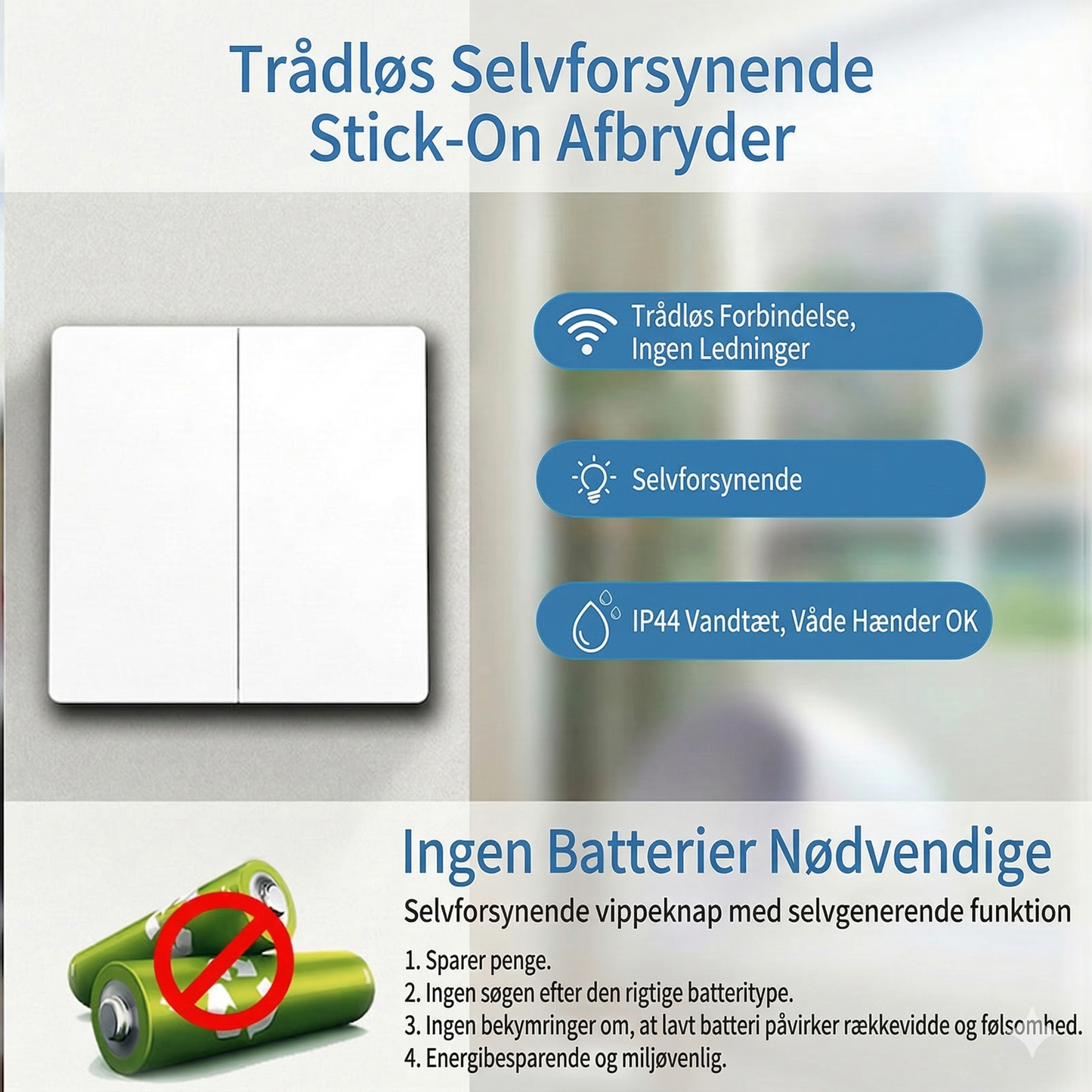 Trådløs Afbryder – 100% Batterifri & Nem Montering