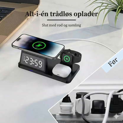 4-i-1 hurtigladestation med ur og trådløs opladningsfunktion