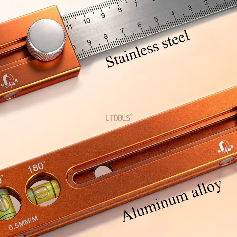 4-i-1 Multivinkel-lineal i Aluminium – Kompakt Vinkelmåler & Vaterpas