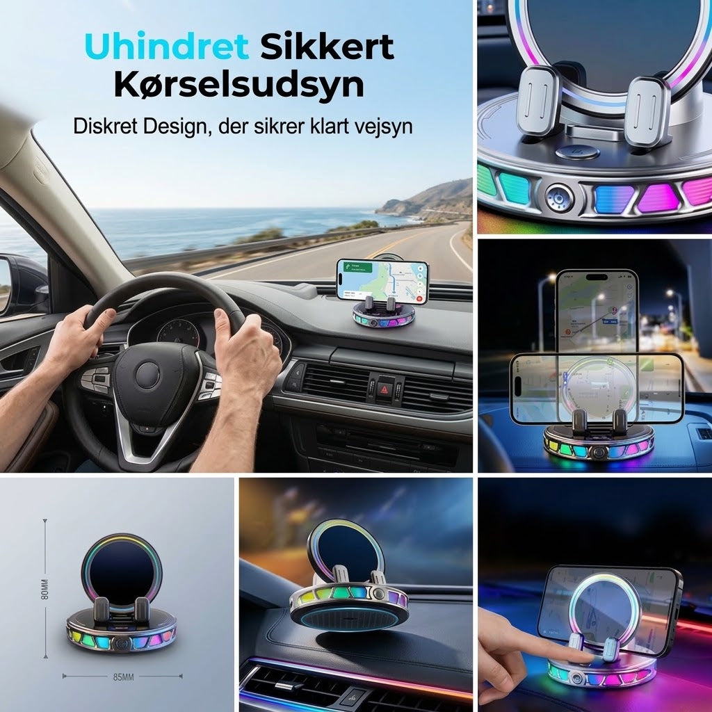 360° Roterbar Mobilholder til Bilen med Trådløs Opladning og RGB-lys