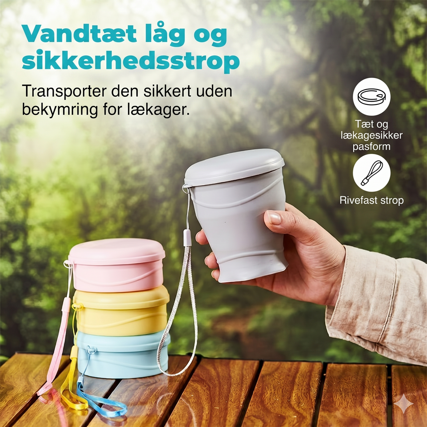 Sammenfoldeligt Silikone Rejsekrus med Låg – Lækagesikkert og BPA-frit