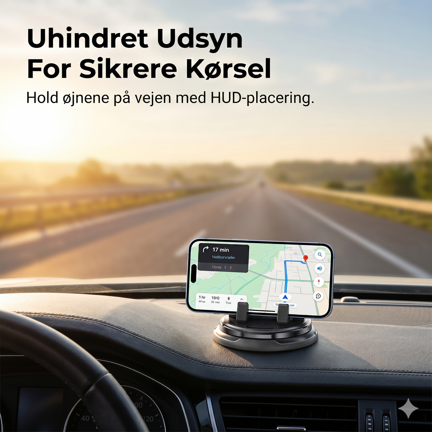 Stabil 360° Mobilholder til Bilen (Uden at Blokere Udsynet)