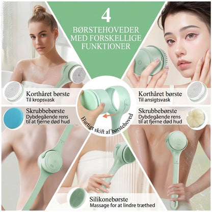 Elektrisk Badebørste med Langt Skaft (Opladelig) – Vandtæt Rygskrubber med Udskiftelige Hoveder til Massage og Eksfoliering