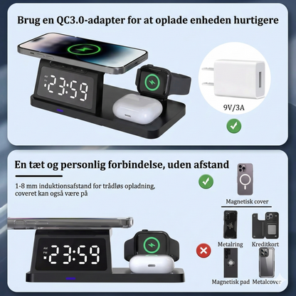 4-i-1 hurtigladestation med ur og trådløs opladningsfunktion