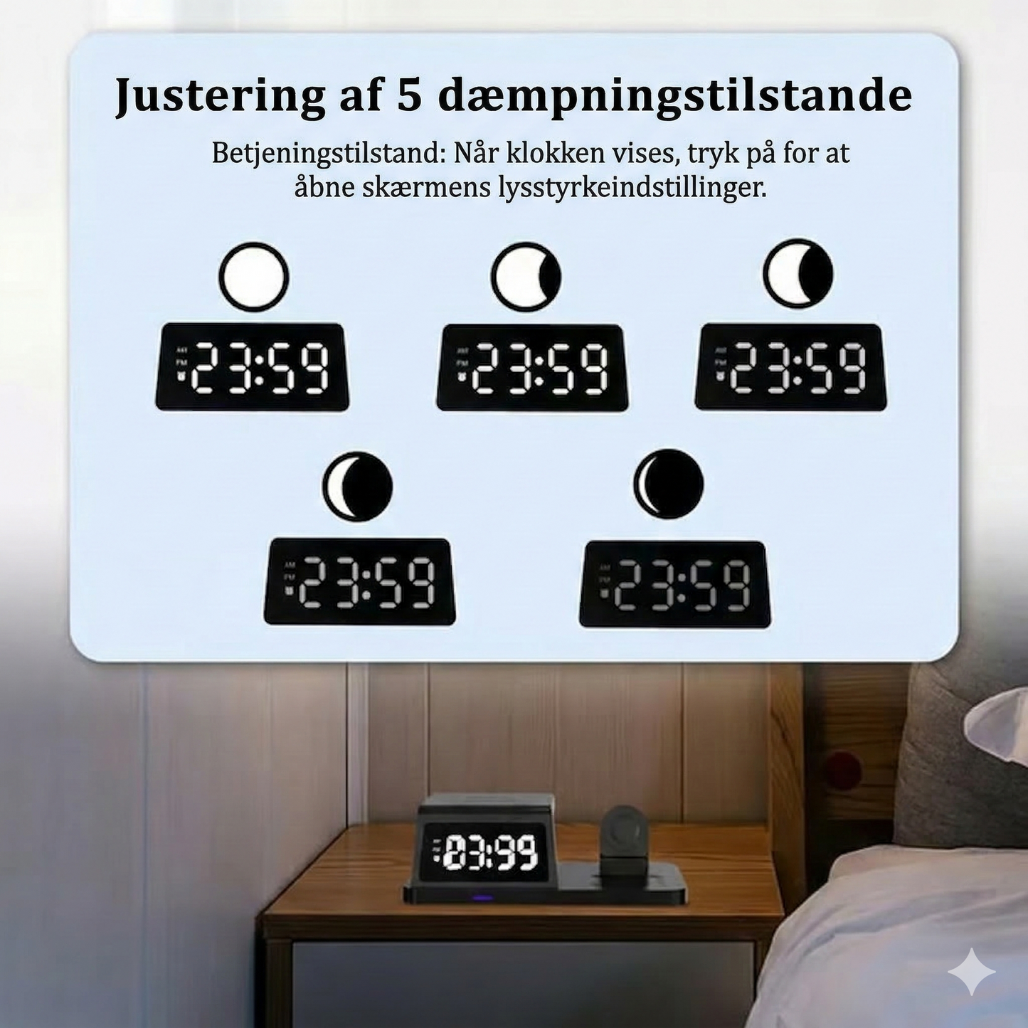 4-i-1 hurtigladestation med ur og trådløs opladningsfunktion