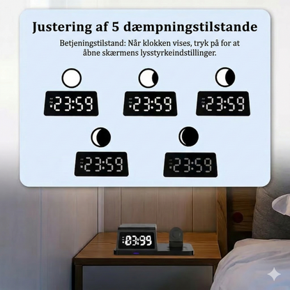 4-i-1 hurtigladestation med ur og trådløs opladningsfunktion