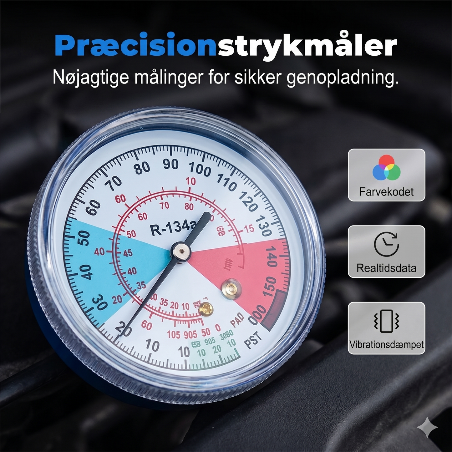 Universel AC Påfyldningsslange med Manometer (R134A/R12/R22)