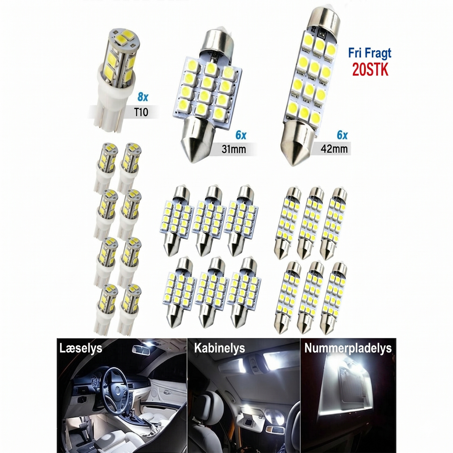 Universel LED-Bilbelysning: 20-delt Sæt med Plug-and-Play
