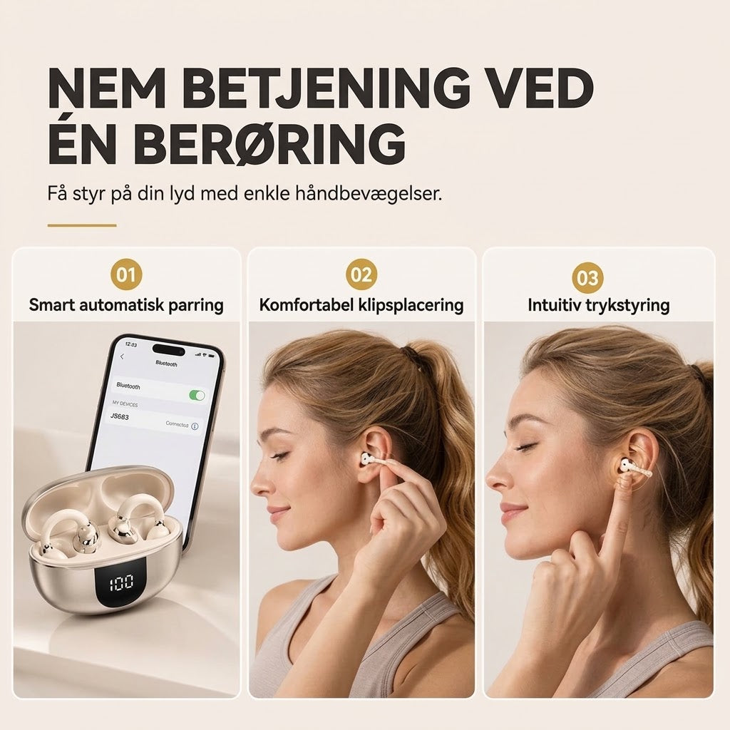 Åbne Bluetooth-øretelefoner med clip-on-design til trådløs lyd og komfort
