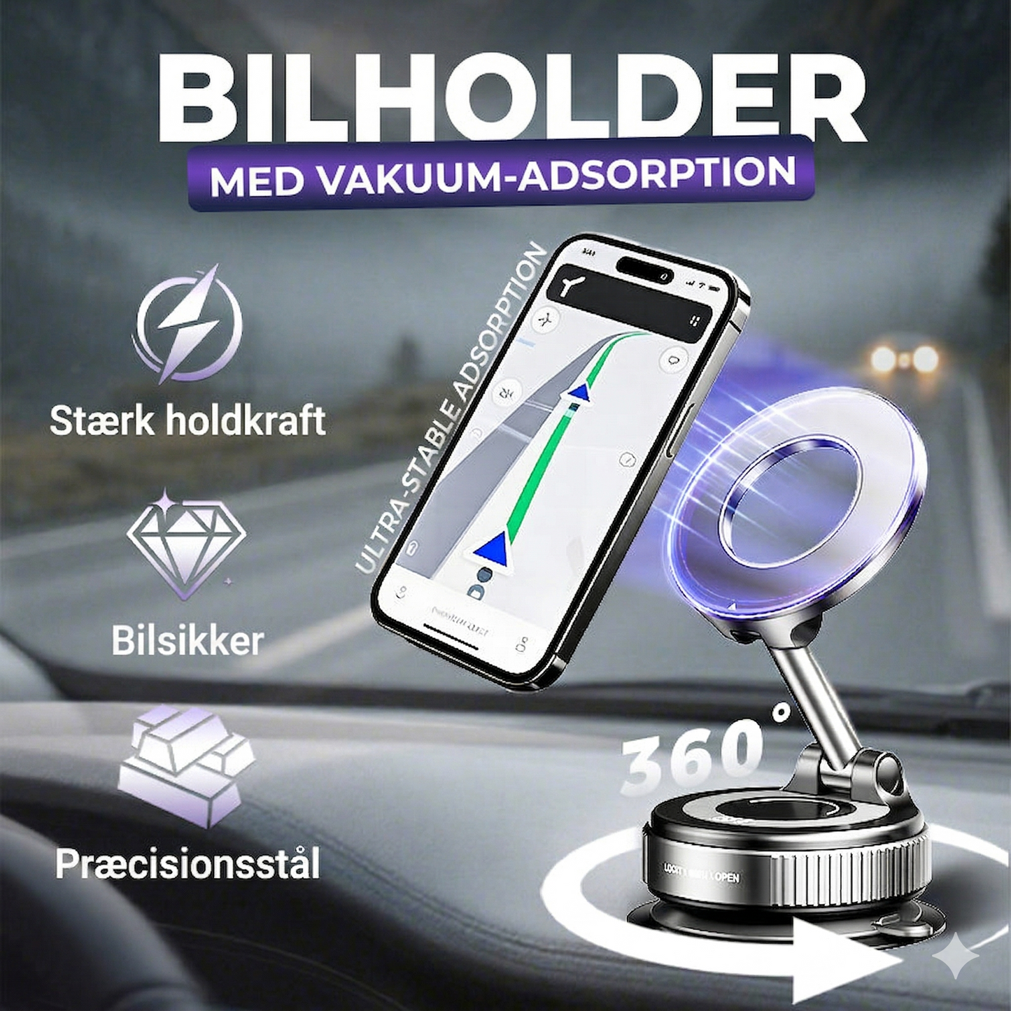 Mobilholder til Bilen med Kraftig Vakuum-Sugekop