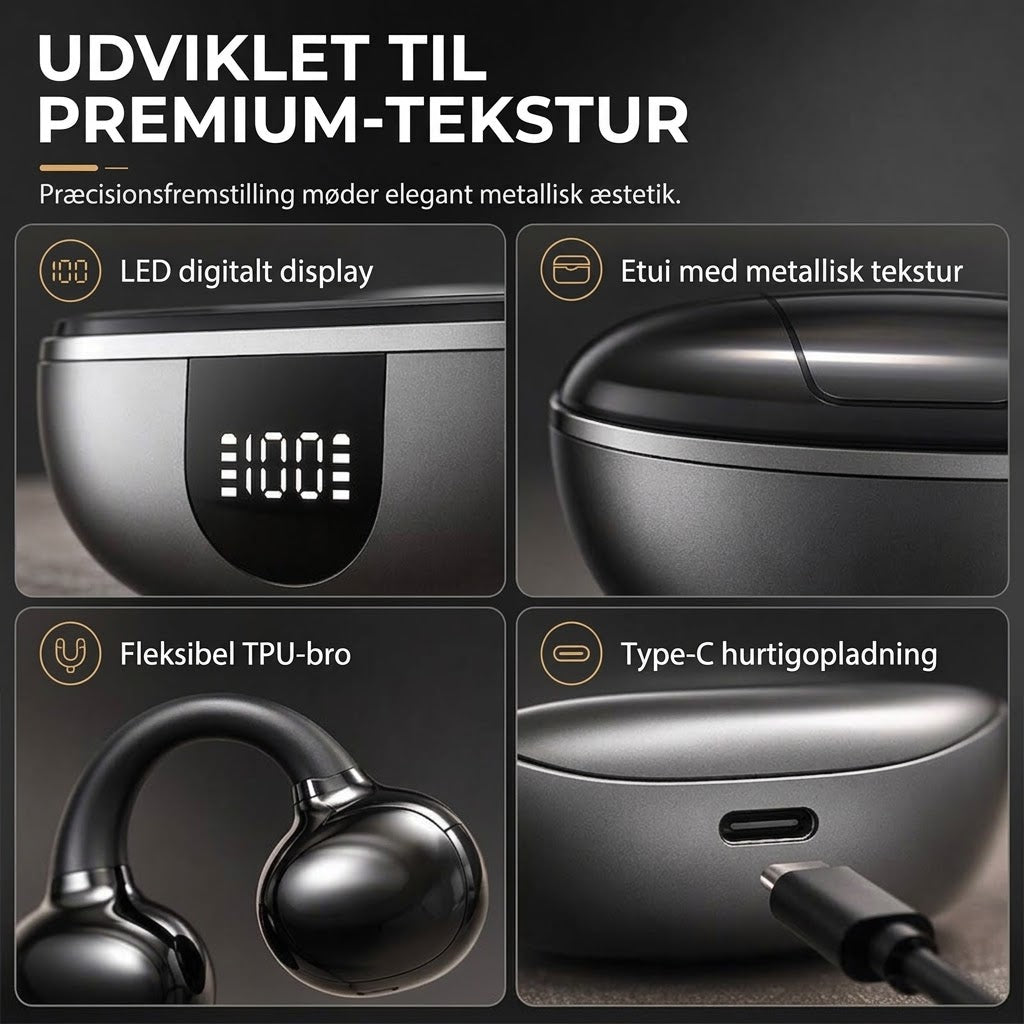 Åbne Bluetooth-øretelefoner med clip-on-design til trådløs lyd og komfort