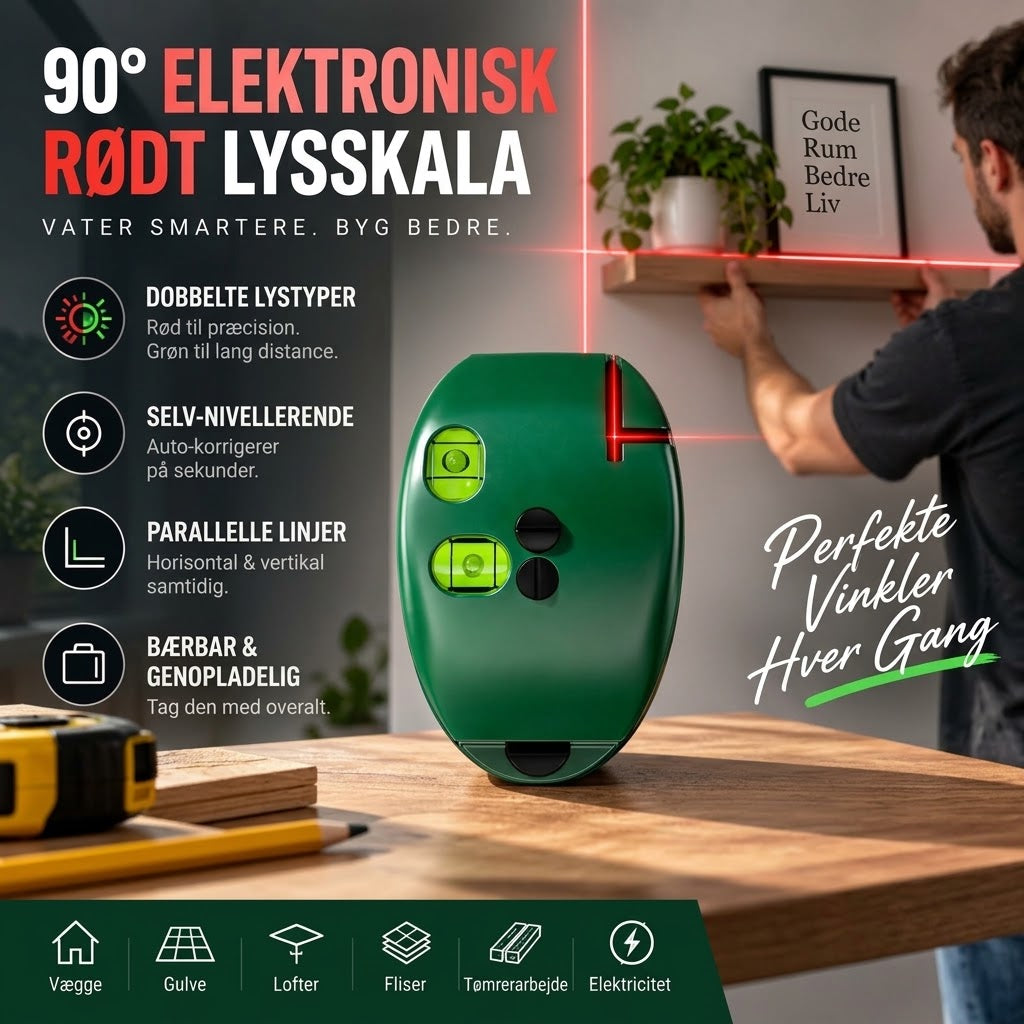90° Laservaterpas med Krydslaser – Højpræcision til Fliser, Maling og Montering