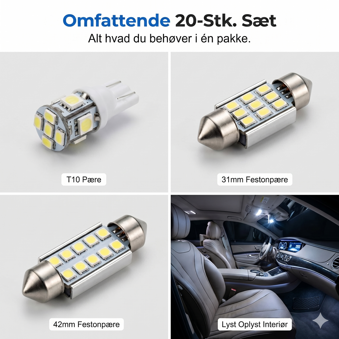 Universel LED-Bilbelysning: 20-delt Sæt med Plug-and-Play