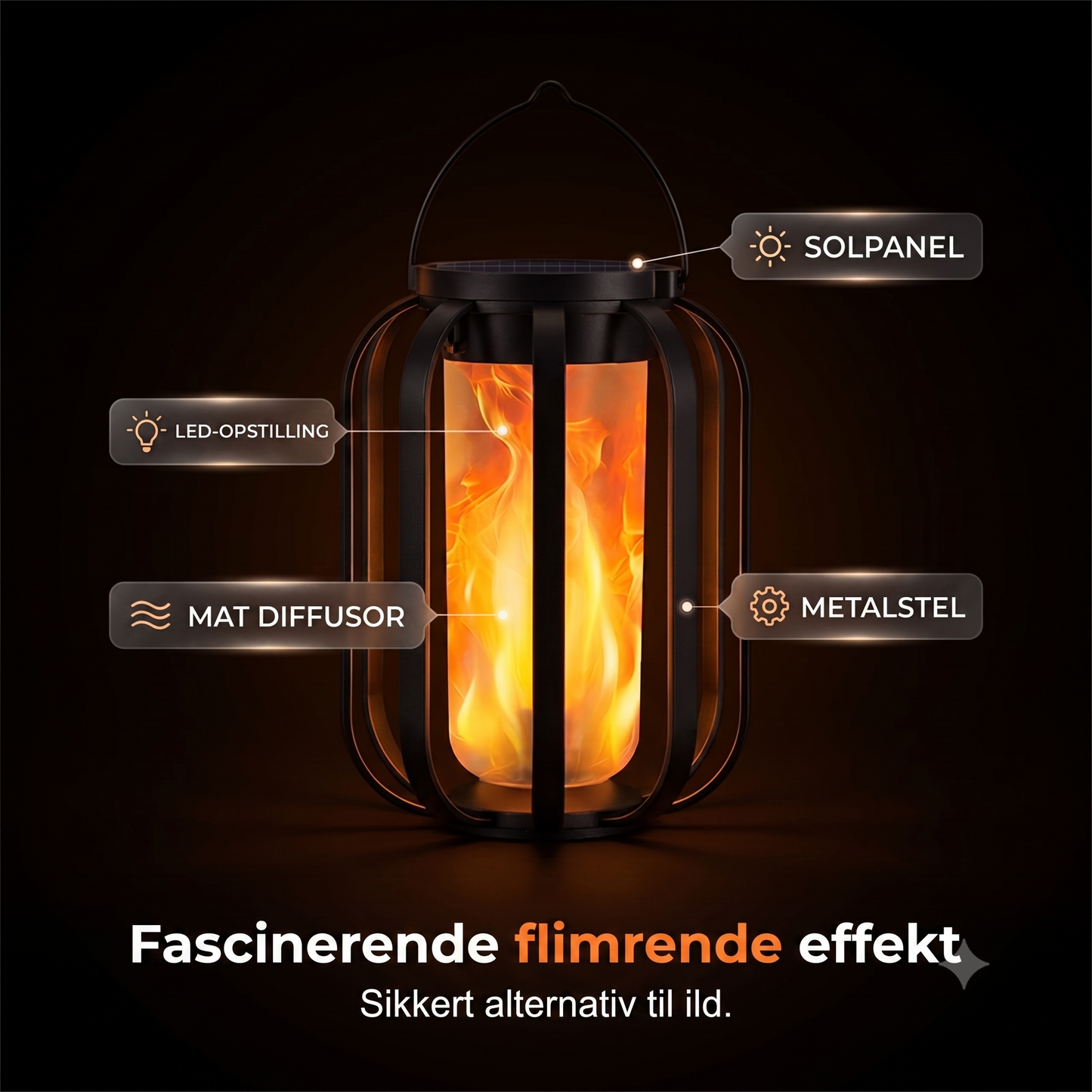 Solcelledrevet varm, flimrende flammelampe med vandtæt design og automatisk tænd/sluk