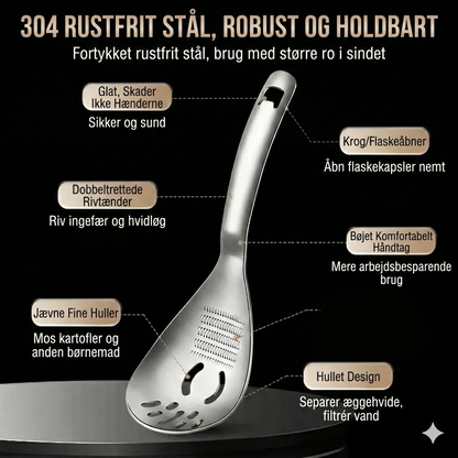 Alt-i-ét Køkkenredskab i 304 Stål – Si, Moser, Rivejern & Oplukker