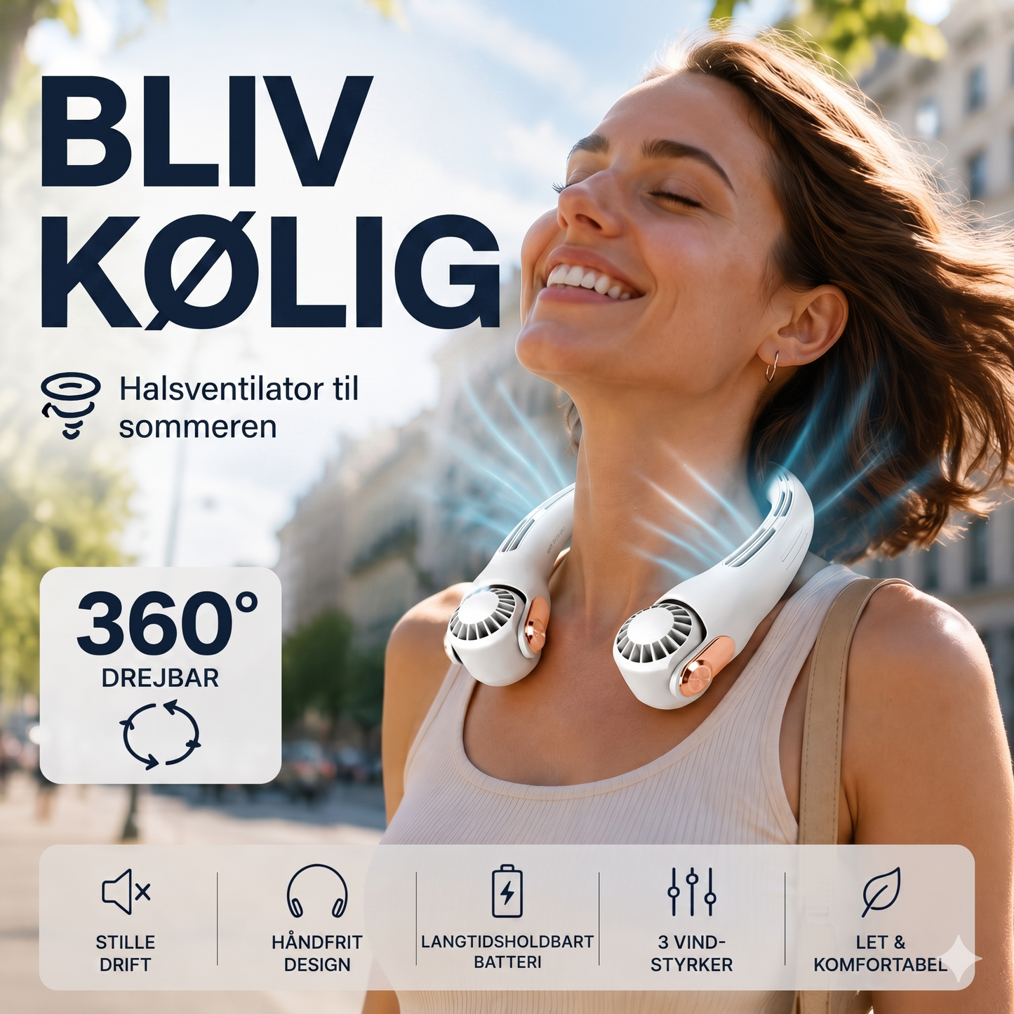 Støjsvag Håndfri Nakkeventilator med 360-Graders Køling