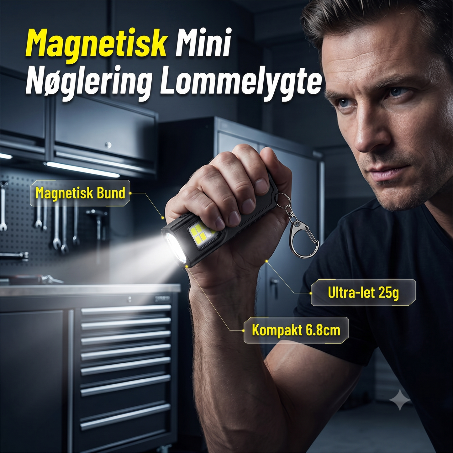 Mini nøgleringslygte med magnetisk base til praktisk hverdagsbrug