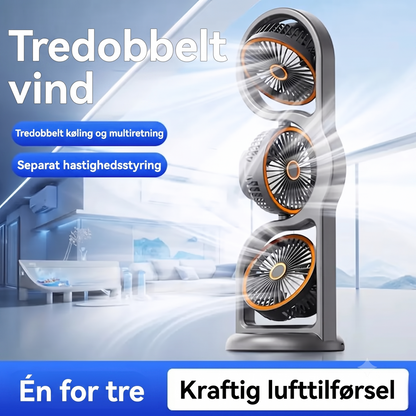 360-Graders Roterende 5-Trins USB-genopladelig Trehovedet Bordventilator