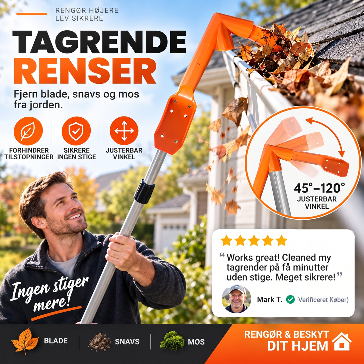 Tagrende-renseværktøj uden stige til nem og sikker rensning af tagrender