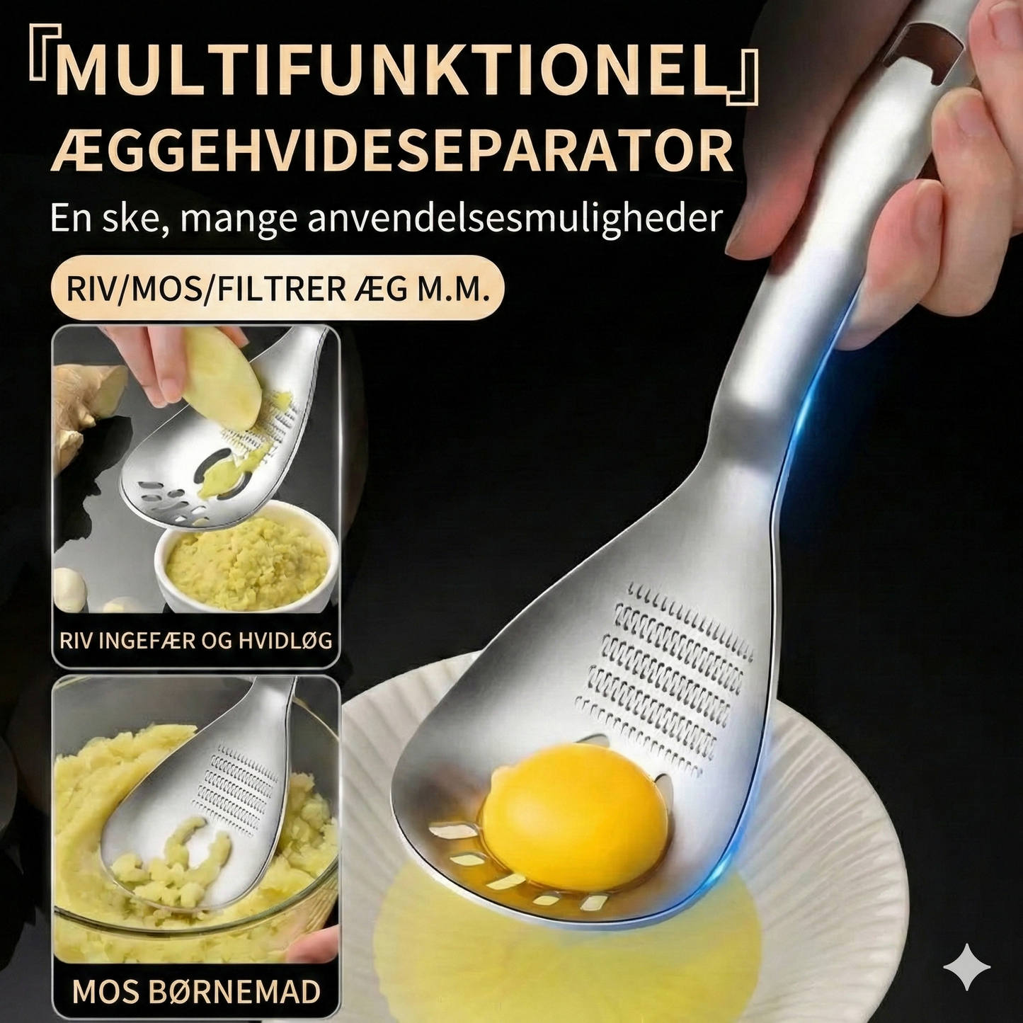 Alt-i-ét Køkkenredskab i 304 Stål – Si, Moser, Rivejern & Oplukker