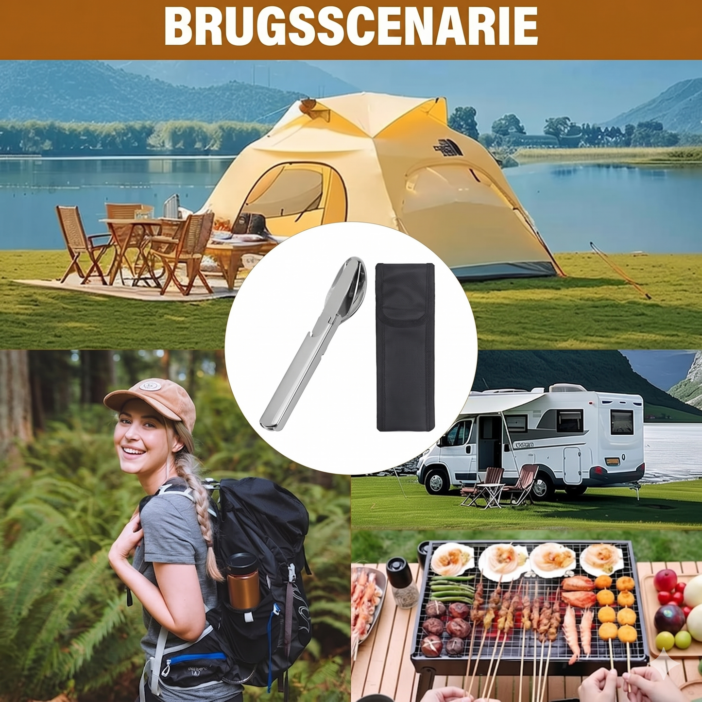 Robust 4-i-1 Multibestik til Camping – Rustfrit Stål & Slidstærkt Oxford-etui