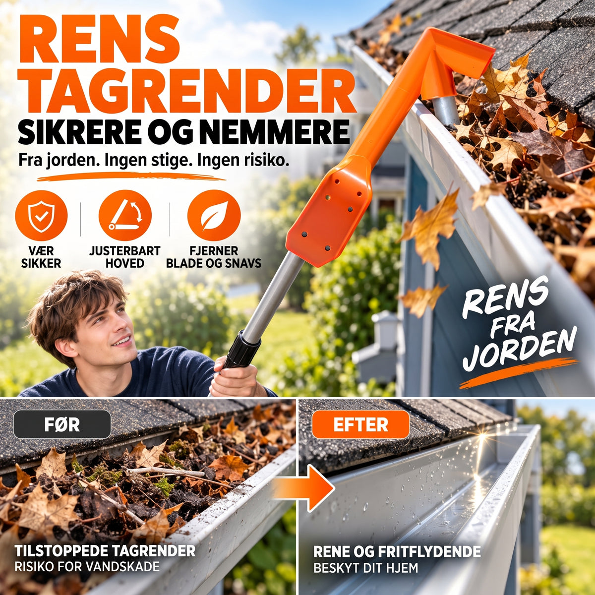 Tagrende-renseværktøj uden stige til nem og sikker rensning af tagrender