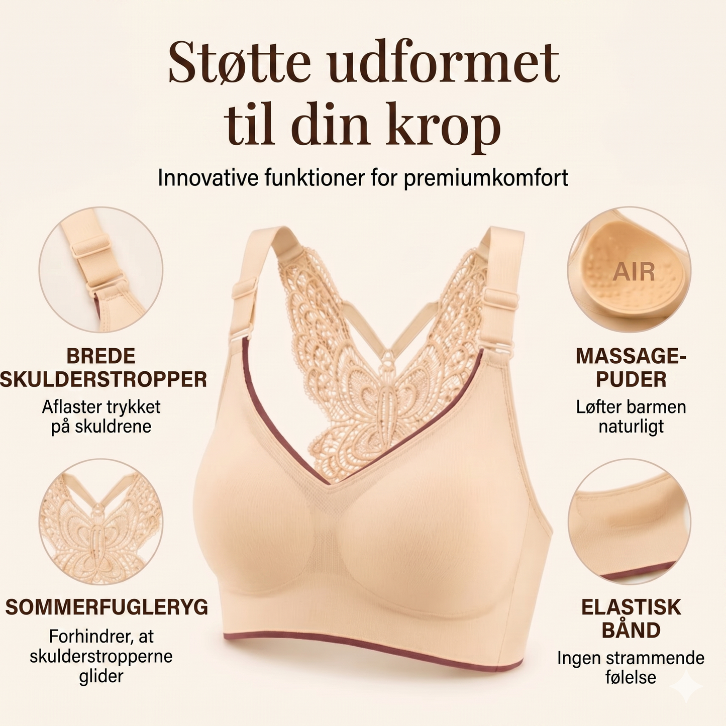 Komfortabel Bøjlefri BH med Elegant Sommerfuglebroderi