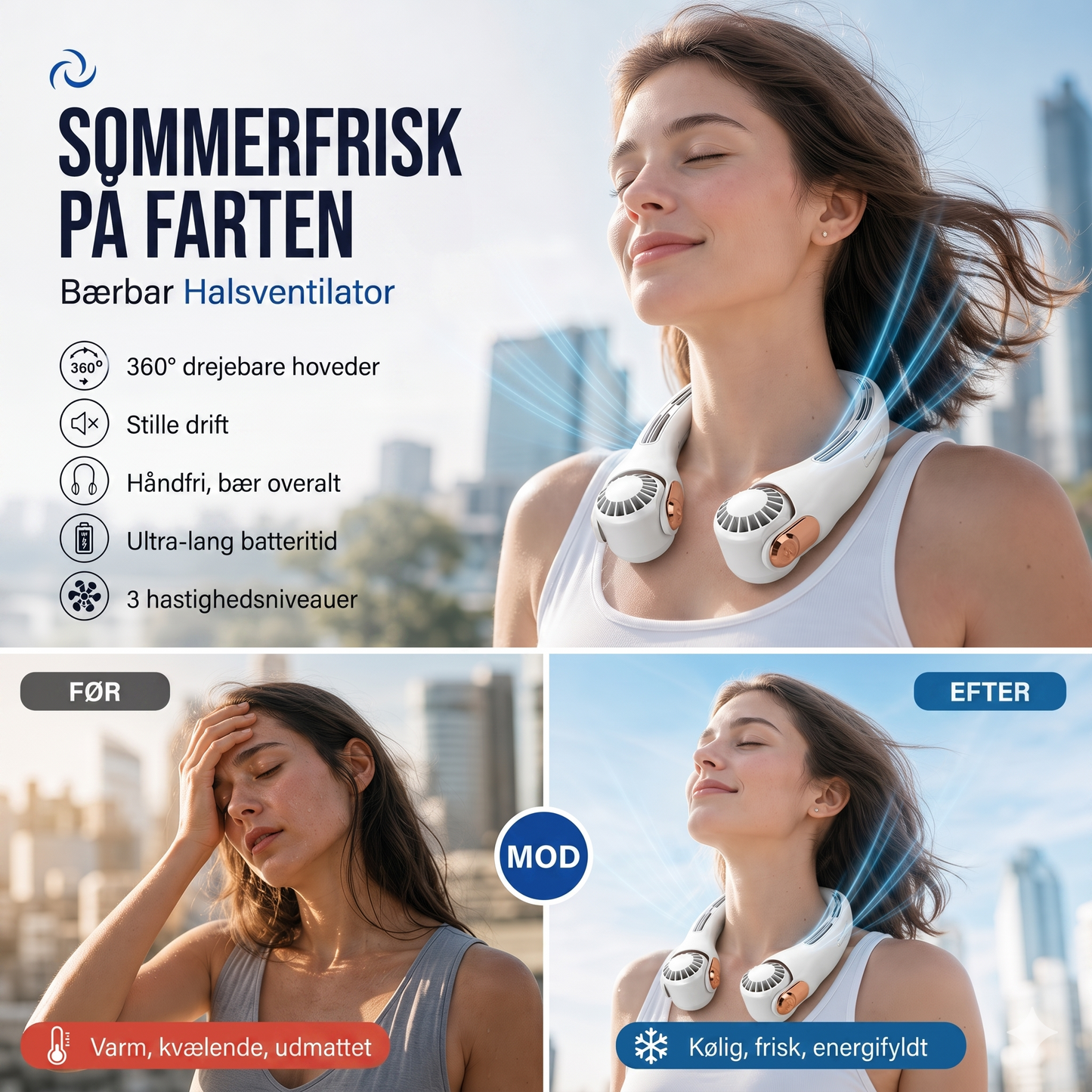 Støjsvag Håndfri Nakkeventilator med 360-Graders Køling