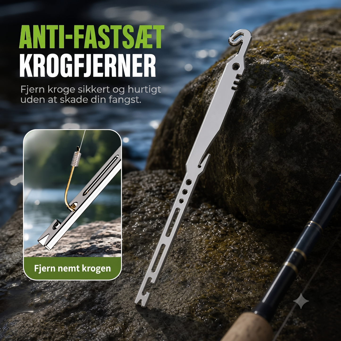 Kompakt og robust 6-i-1 fiskeværktøj med krogløsner og knudebinder til havfiskeri
