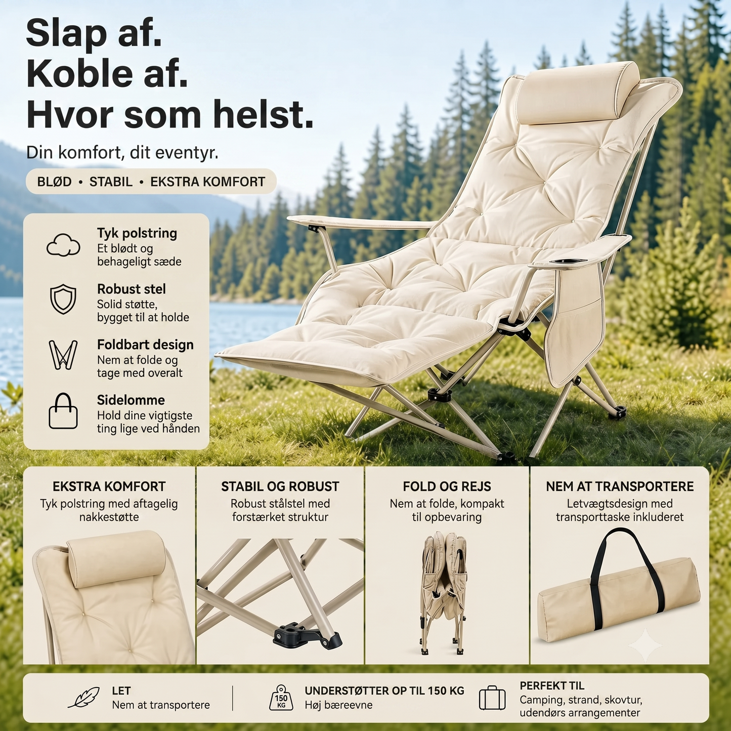 Komfortabel Justerbar Klapstol til Camping og Have