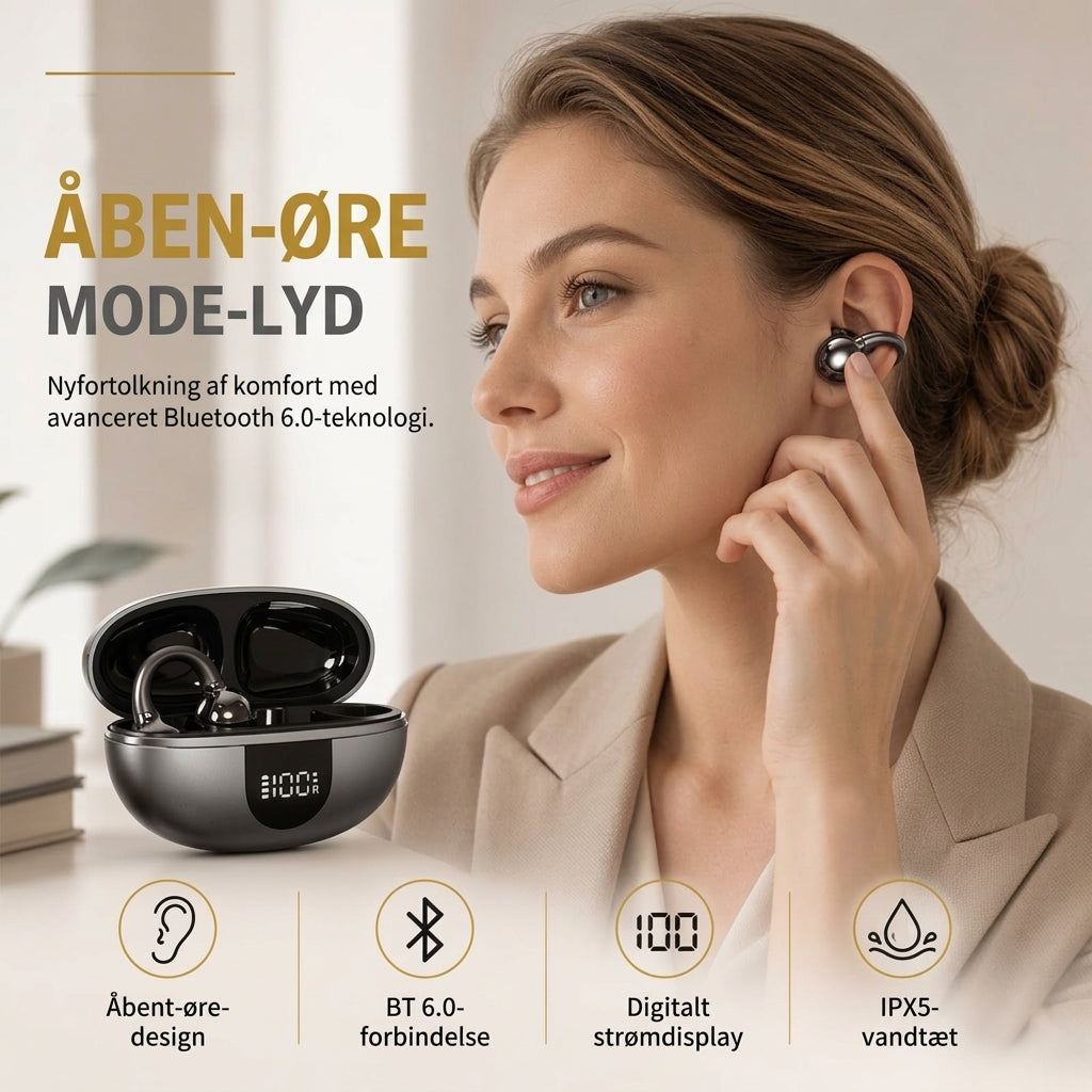 Åbne Bluetooth-øretelefoner med clip-on-design til trådløs lyd og komfort