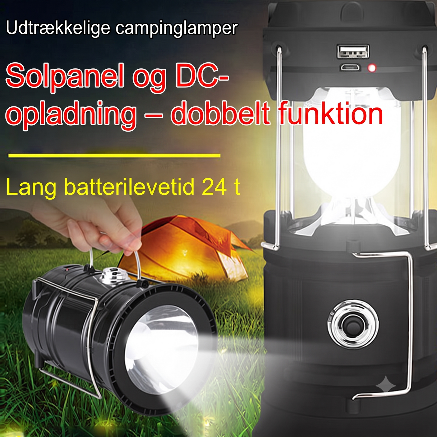 Solcelledrevet 2-i-1 Camping- og Skrivebordslampe