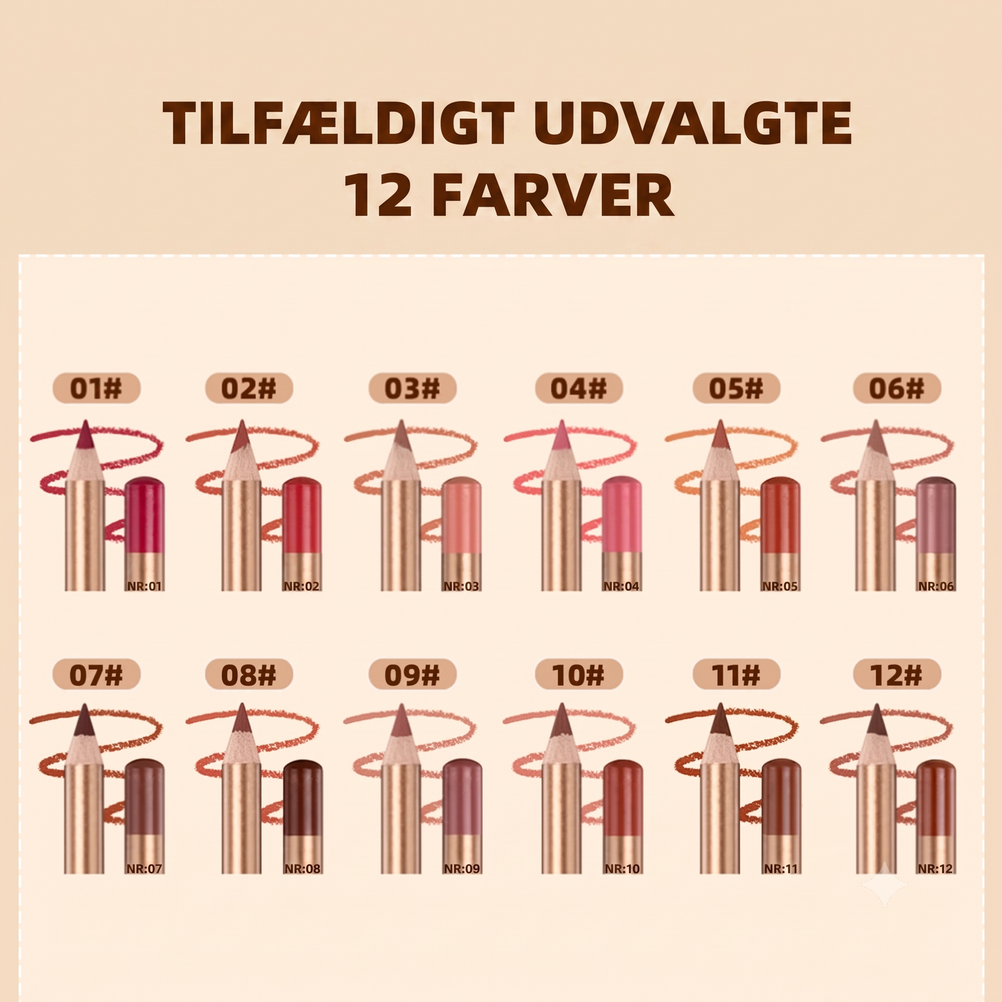 Lipliner-sæt med 12 farver og tværefri formel