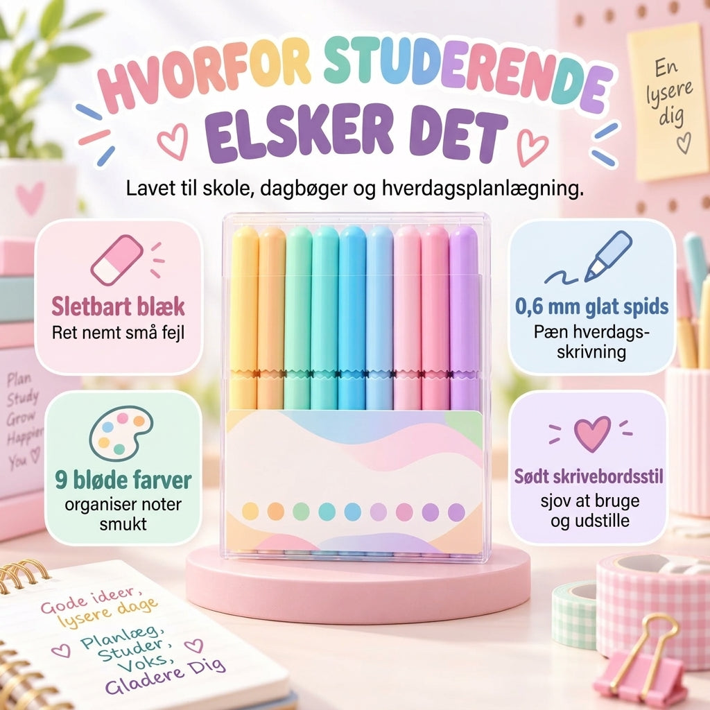 Viskelige gellenpenne i otte farver med smart viskefunktion og rent resultat uden udtværing