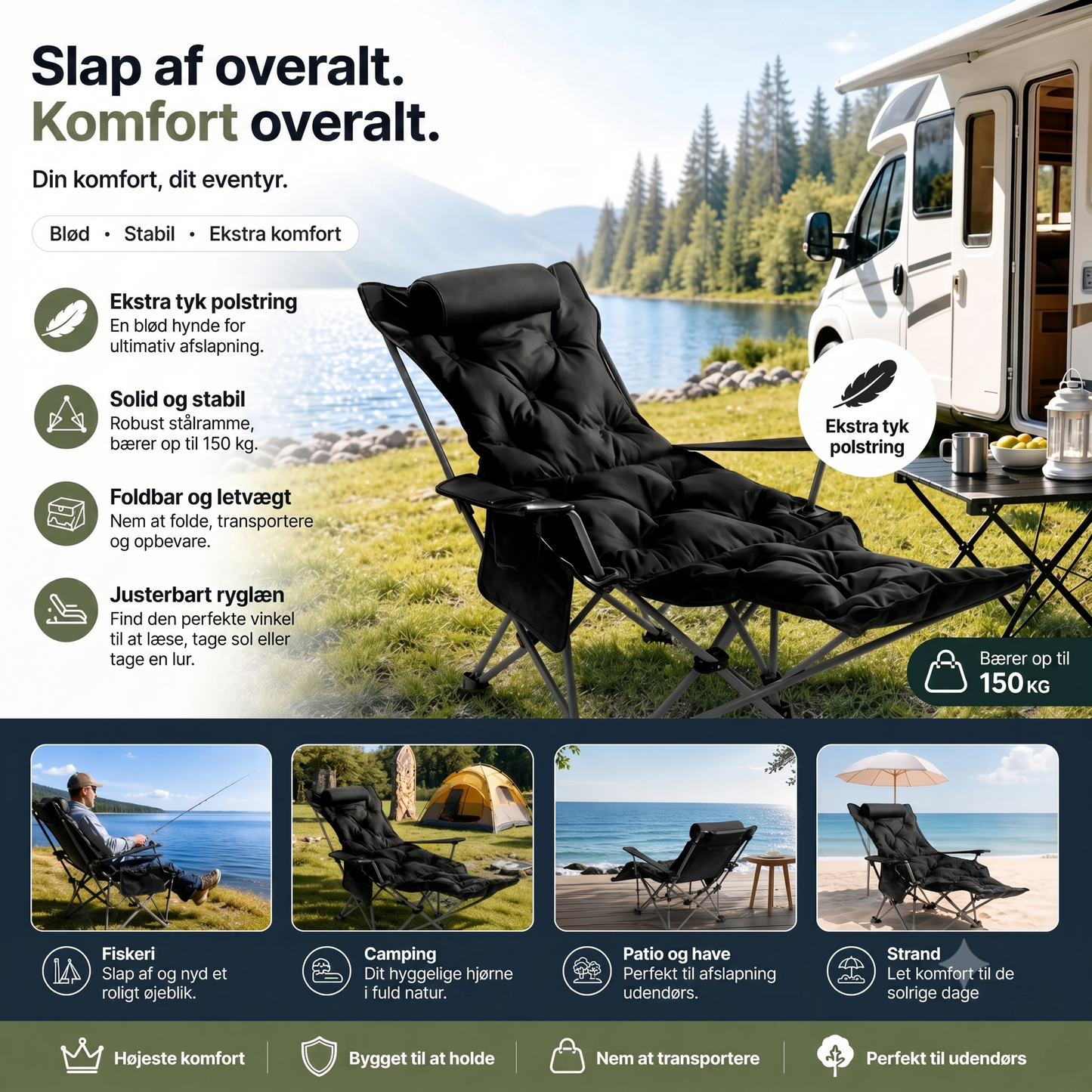 Komfortabel Justerbar Klapstol til Camping og Have