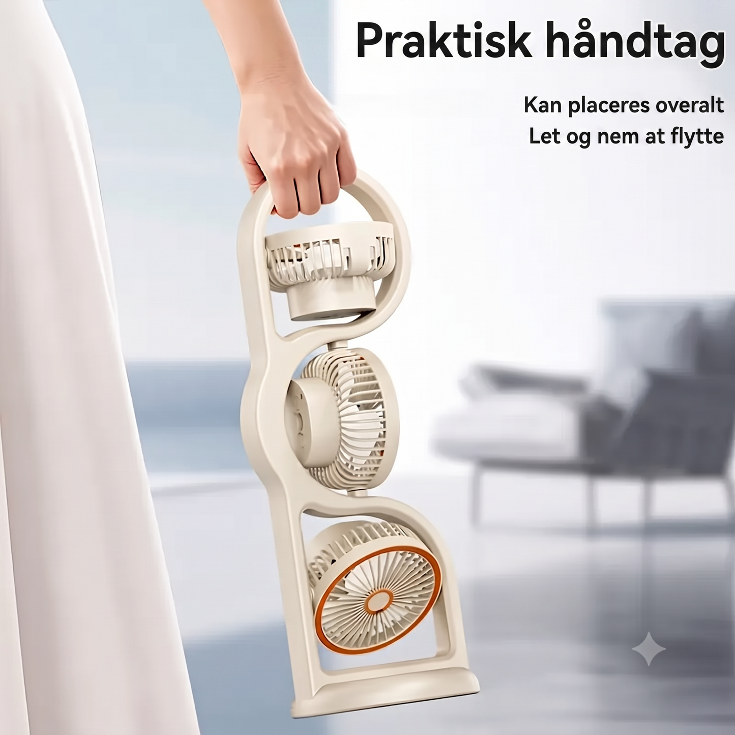 360-Graders Roterende 5-Trins USB-genopladelig Trehovedet Bordventilator