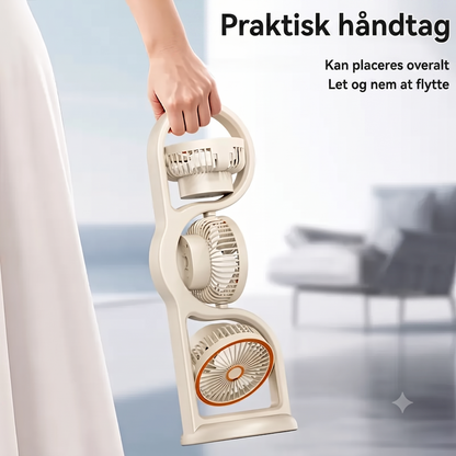 360-Graders Roterende 5-Trins USB-genopladelig Trehovedet Bordventilator