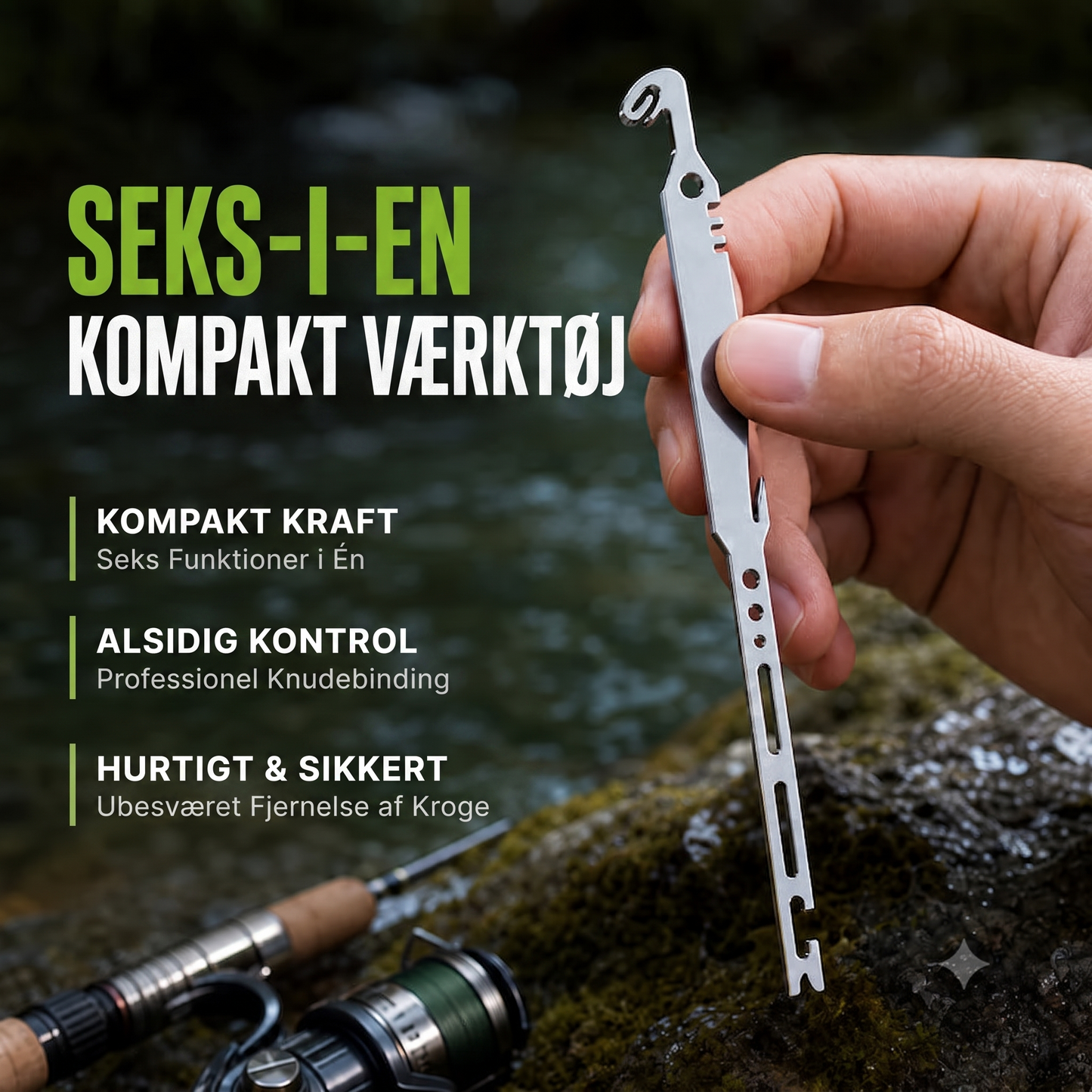 Kompakt og robust 6-i-1 fiskeværktøj med krogløsner og knudebinder til havfiskeri