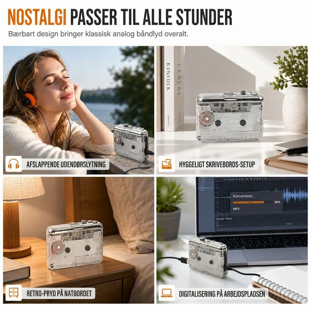 Smart og bærbar kassetteafspiller med USB-C til nem overførsel af musik til digitale formater