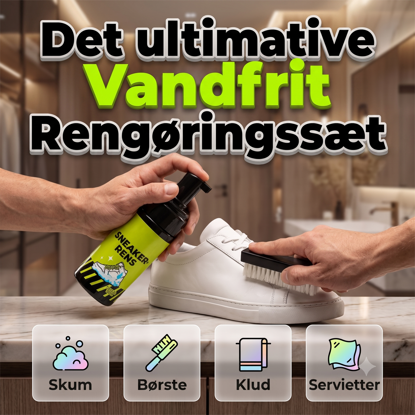 Rengøringsmiddel i skumform uden behov for vand til sneakers