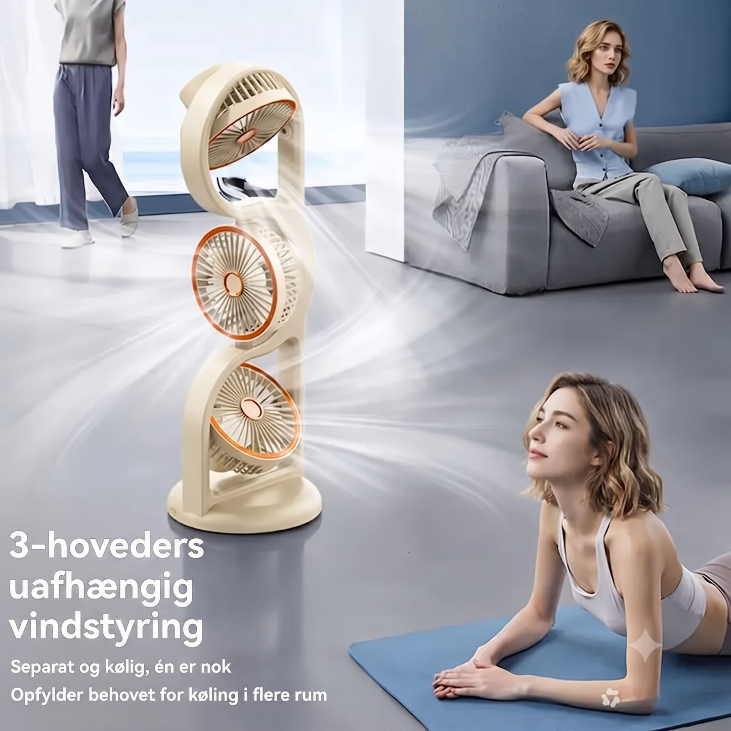 360-Graders Roterende 5-Trins USB-genopladelig Trehovedet Bordventilator