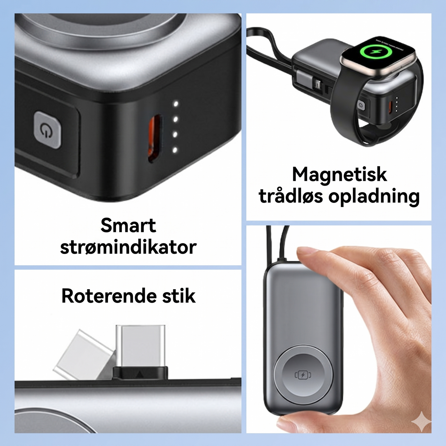 Ultra-kompakt Rejse-Powerbank – Integreret USB-C & Lightning + Magnetisk Wireless