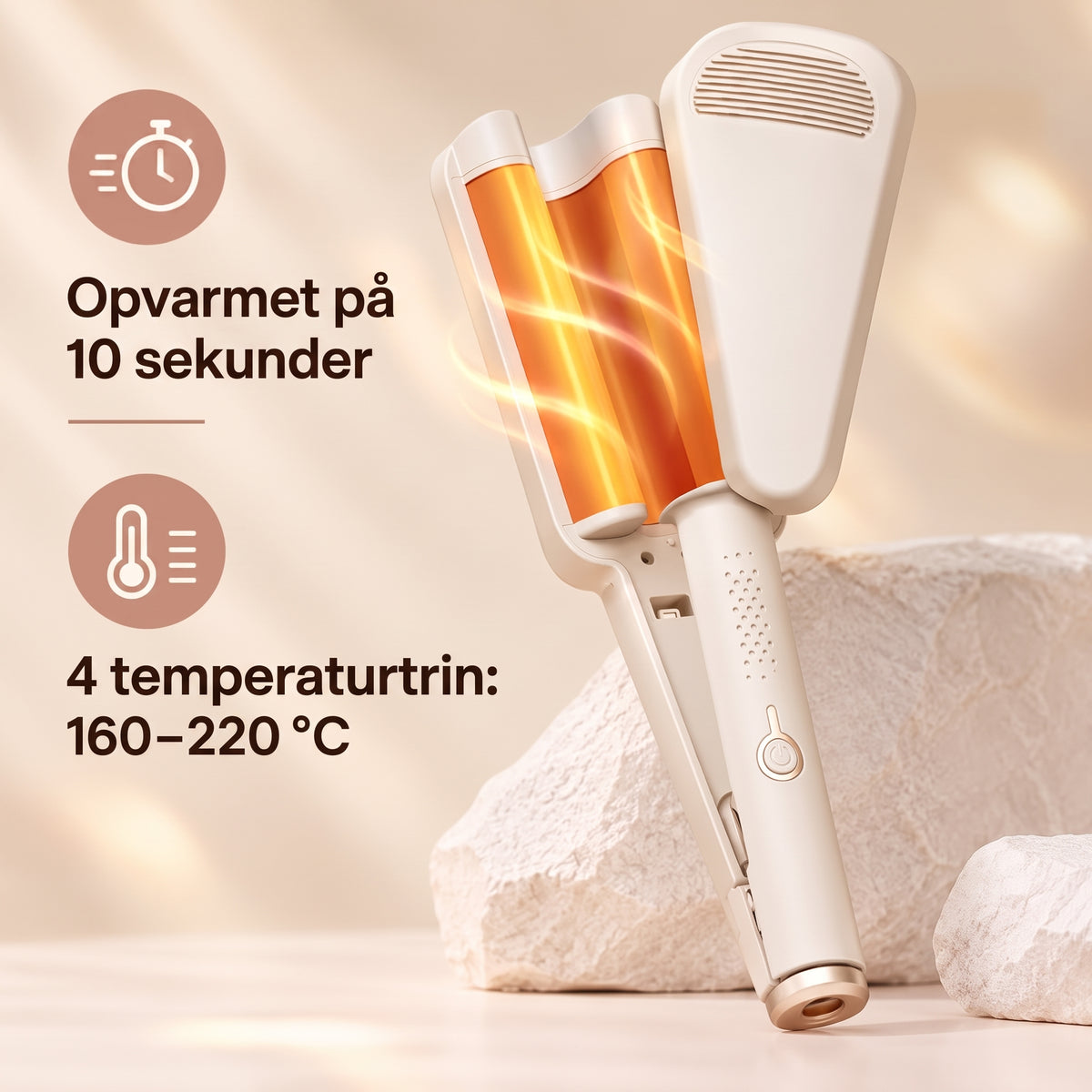 Professionelt krøllejern med brede ruller til smukke, svungne bølger