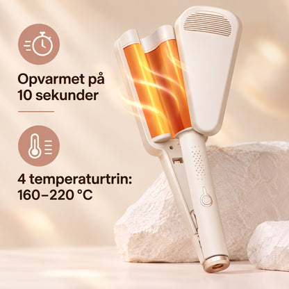 Professionelt krøllejern med brede ruller til smukke, svungne bølger