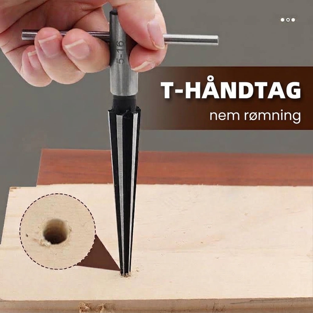Effektivt konisk oprimer- og afgratningsværktøj med T-håndtag til træ og metal