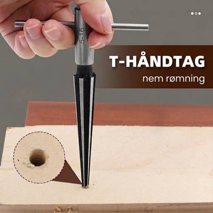 Effektivt konisk oprimer- og afgratningsværktøj med T-håndtag til træ og metal